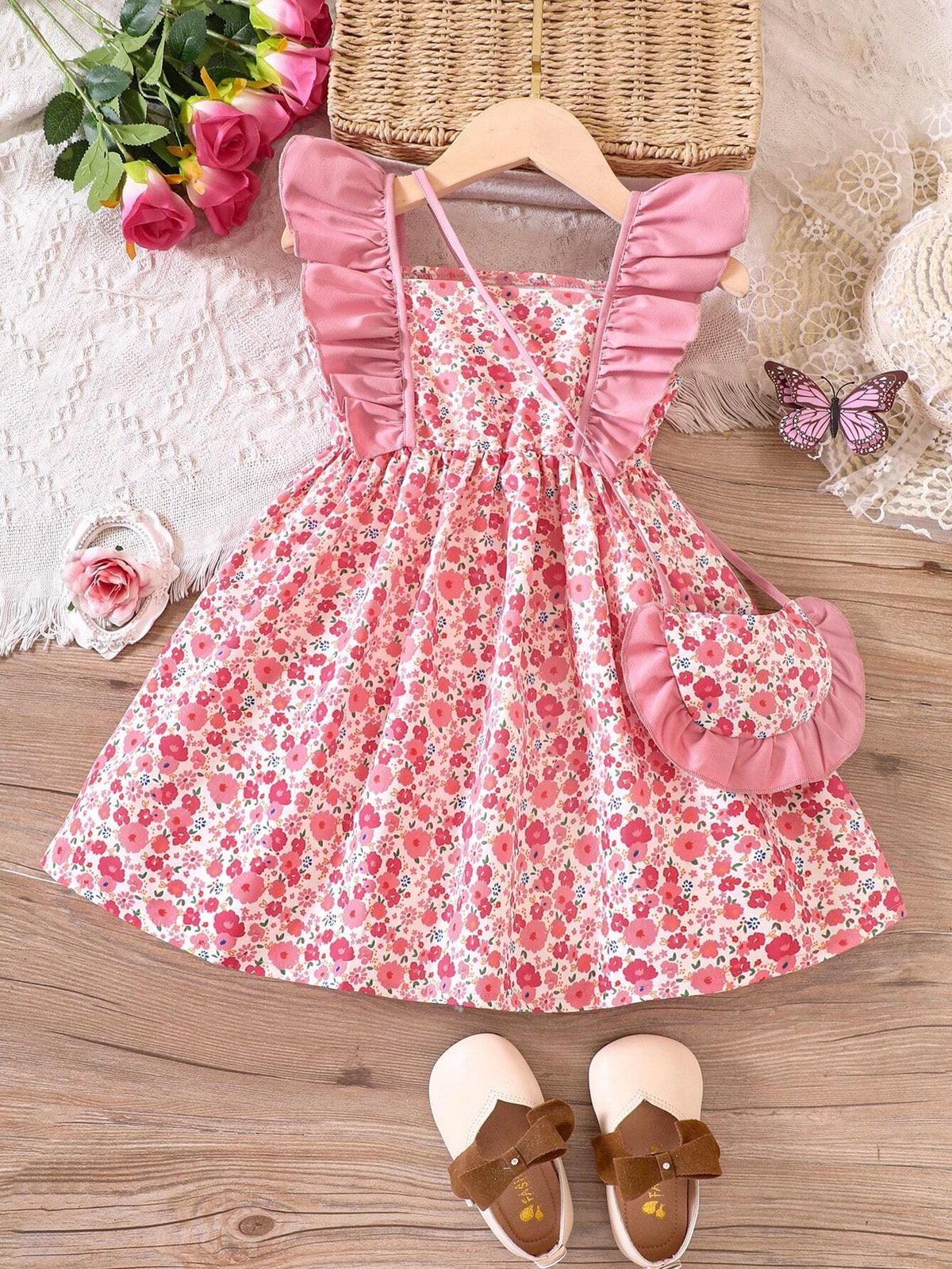 Young Girl Ditsy Floral Print Ruffle Trim Dress With Bag
