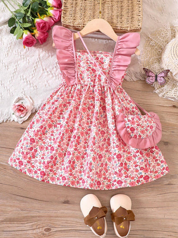 Young Girl Ditsy Floral Print Ruffle Trim Dress With Bag