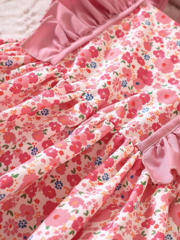 Young Girl Ditsy Floral Print Ruffle Trim Dress With Bag