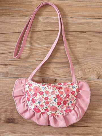 Young Girl Ditsy Floral Print Ruffle Trim Dress With Bag