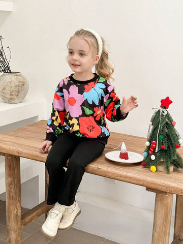 Young Girl Ditsy Floral Round Neck Loose Casual Sweatshirt, Suitable For Autumn And Winter