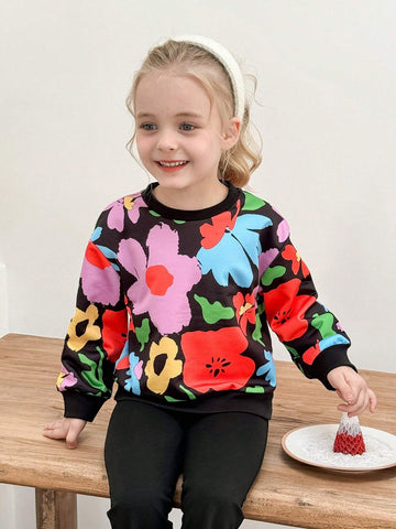 Young Girl Ditsy Floral Round Neck Loose Casual Sweatshirt, Suitable For Autumn And Winter