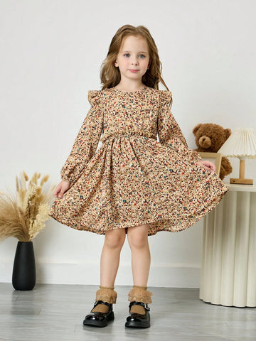 Young Girl Ditsy Floral Round Neck Ruffle Trim Fitted Casual Dress