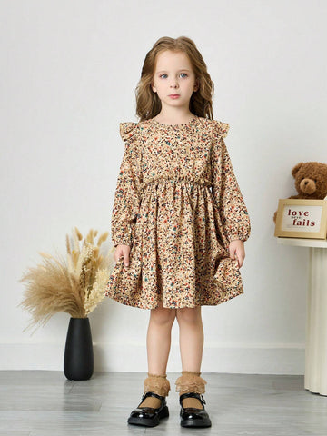 Young Girl Ditsy Floral Round Neck Ruffle Trim Fitted Casual Dress