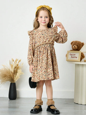 Young Girl Ditsy Floral Round Neck Ruffle Trim Fitted Casual Dress