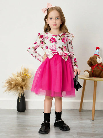 Young Girl Ditsy Floral Ruffle Mesh Patchwork Knitted Dress