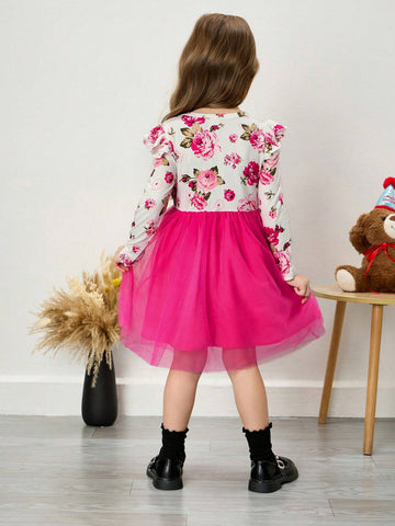 Young Girl Ditsy Floral Ruffle Mesh Patchwork Knitted Dress