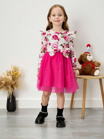 Young Girl Ditsy Floral Ruffle Mesh Patchwork Knitted Dress