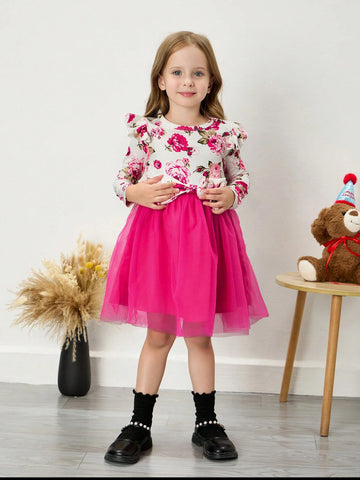 Young Girl Ditsy Floral Ruffle Mesh Patchwork Knitted Dress