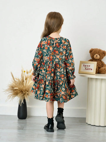 Young Girl Ditsy Floral Slim Fit Casual Round Neck Woven Dress