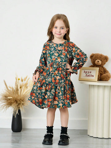 Young Girl Ditsy Floral Slim Fit Casual Round Neck Woven Dress