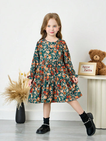 Young Girl Ditsy Floral Slim Fit Casual Round Neck Woven Dress