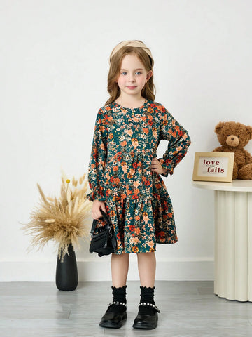 Young Girl Ditsy Floral Slim Fit Casual Round Neck Woven Dress