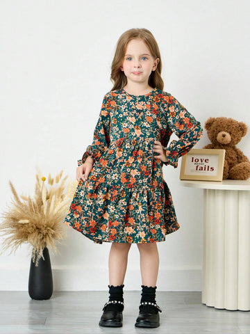 Young Girl Ditsy Floral Slim Fit Casual Round Neck Woven Dress