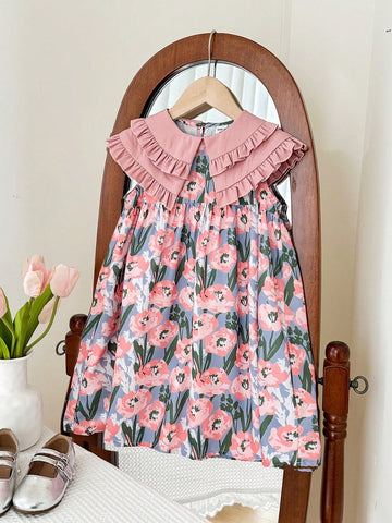 Young Girl Ditsy Floral Smocked Neck Snug Fit Dress