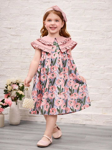 Young Girl Ditsy Floral Smocked Neck Snug Fit Dress