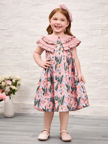 Young Girl Ditsy Floral Smocked Neck Snug Fit Dress