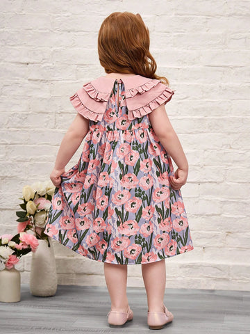 Young Girl Ditsy Floral Smocked Neck Snug Fit Dress