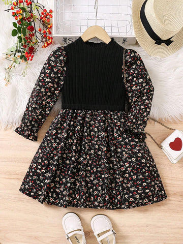 Young Girl Ditsy Floral Stand Collar Casual Long Sleeve Dress