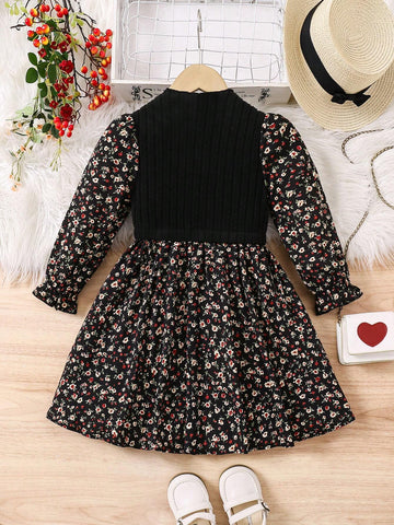 Young Girl Ditsy Floral Stand Collar Casual Long Sleeve Dress
