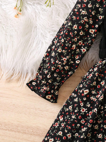 Young Girl Ditsy Floral Stand Collar Casual Long Sleeve Dress