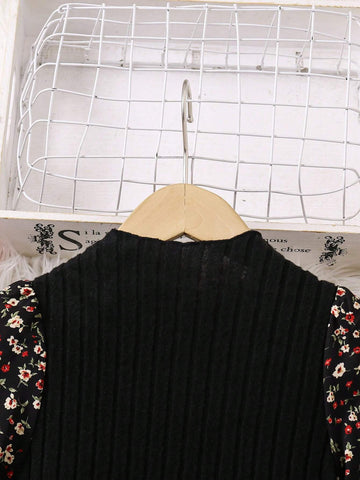 Young Girl Ditsy Floral Stand Collar Casual Long Sleeve Dress