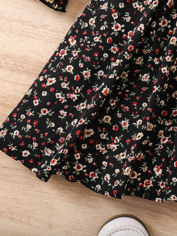 Young Girl Ditsy Floral Stand Collar Casual Long Sleeve Dress
