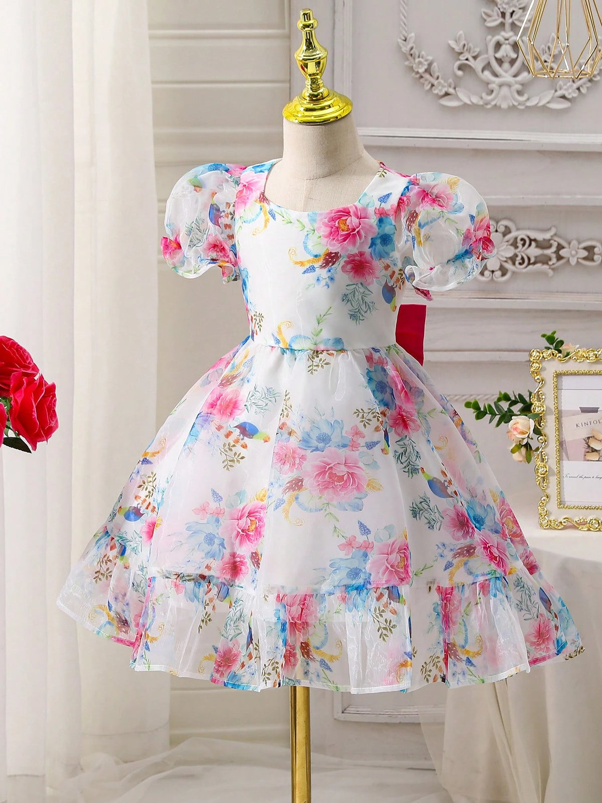 Young Girl Easter Ditsy Floral Round Neck Short Sleeve Chiffon Dress