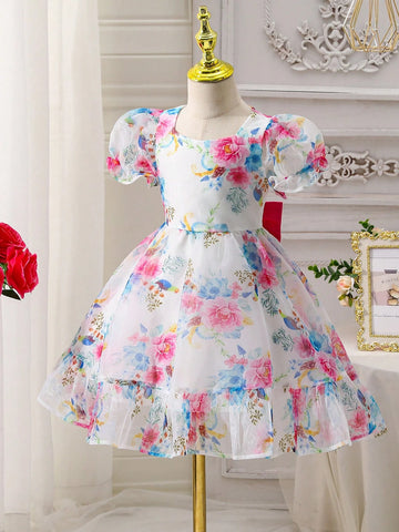Young Girl Easter Ditsy Floral Round Neck Short Sleeve Chiffon Dress