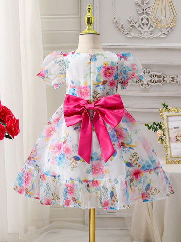 Young Girl Easter Ditsy Floral Round Neck Short Sleeve Chiffon Dress