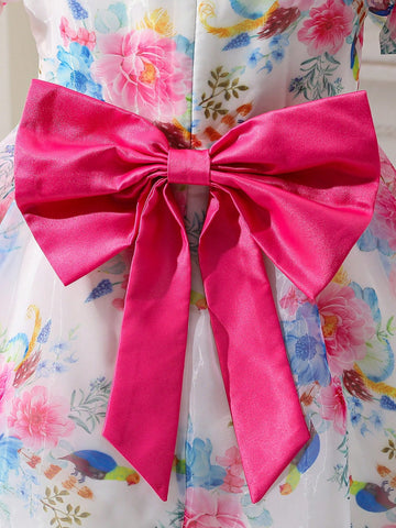 Young Girl Easter Ditsy Floral Round Neck Short Sleeve Chiffon Dress