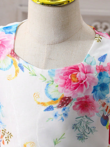 Young Girl Easter Ditsy Floral Round Neck Short Sleeve Chiffon Dress