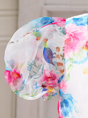 Young Girl Easter Ditsy Floral Round Neck Short Sleeve Chiffon Dress