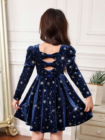 Young Girl Elegant Backless Bow Puff Sleeve Velvet Holiday Red Dress