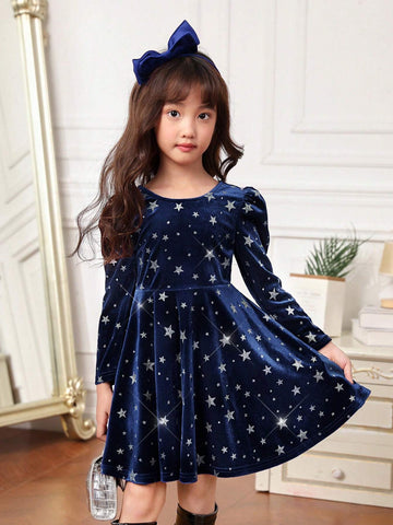 Young Girl Elegant Backless Bow Puff Sleeve Velvet Holiday Red Dress