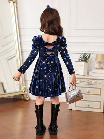 Young Girl Elegant Backless Bow Puff Sleeve Velvet Holiday Red Dress