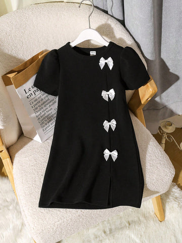 Young Girl Elegant Bow Decor Puff Sleeve Dress