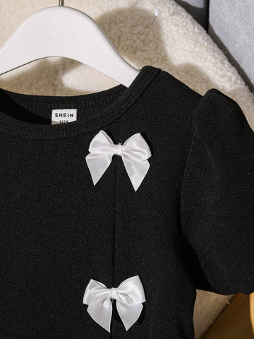 Young Girl Elegant Bow Decor Puff Sleeve Dress
