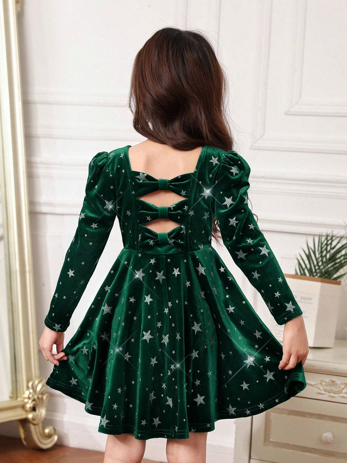 Young Girl Elegant Bowknot Puff Sleeve Velvet Holiday Dress