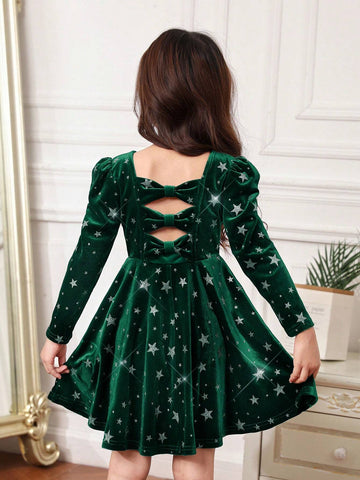 Young Girl Elegant Bowknot Puff Sleeve Velvet Holiday Dress
