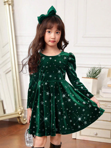 Young Girl Elegant Bowknot Puff Sleeve Velvet Holiday Dress