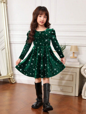 Young Girl Elegant Bowknot Puff Sleeve Velvet Holiday Dress