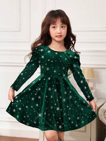 Young Girl Elegant Bowknot Puff Sleeve Velvet Holiday Dress