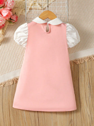 Young Girl Elegant Bubble Sleeve Colorblock Shirt Collar Dress Suitable For Casual College Style Summer