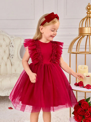 Young Girl Elegant Burgundy Color Ruffle Trim Sleeveless Mesh Dress