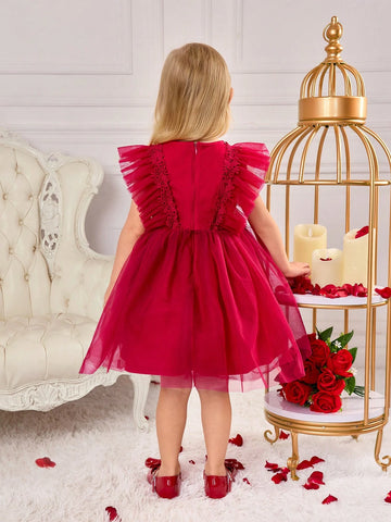 Young Girl Elegant Burgundy Color Ruffle Trim Sleeveless Mesh Dress