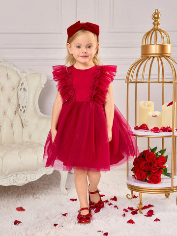 Young Girl Elegant Burgundy Color Ruffle Trim Sleeveless Mesh Dress