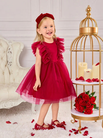 Young Girl Elegant Burgundy Color Ruffle Trim Sleeveless Mesh Dress