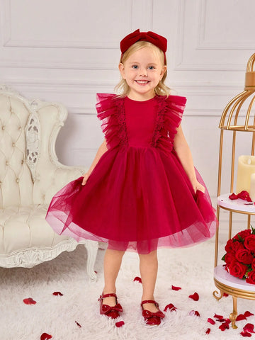 Young Girl Elegant Burgundy Color Ruffle Trim Sleeveless Mesh Dress