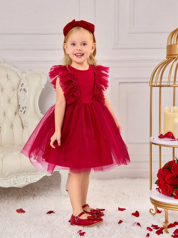 Young Girl Elegant Burgundy Color Ruffle Trim Sleeveless Mesh Dress